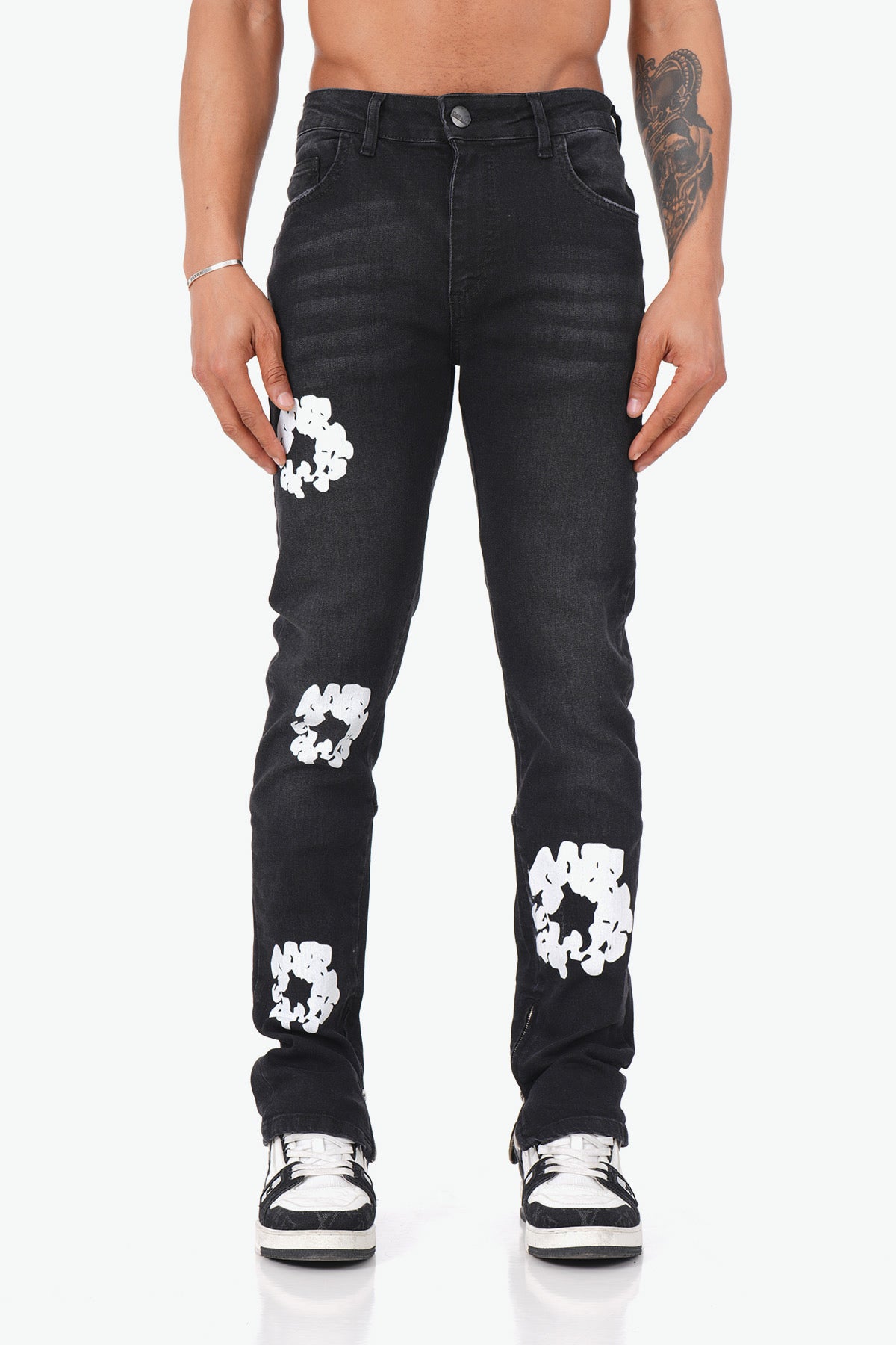 JEANS FLEURS - NOIR
