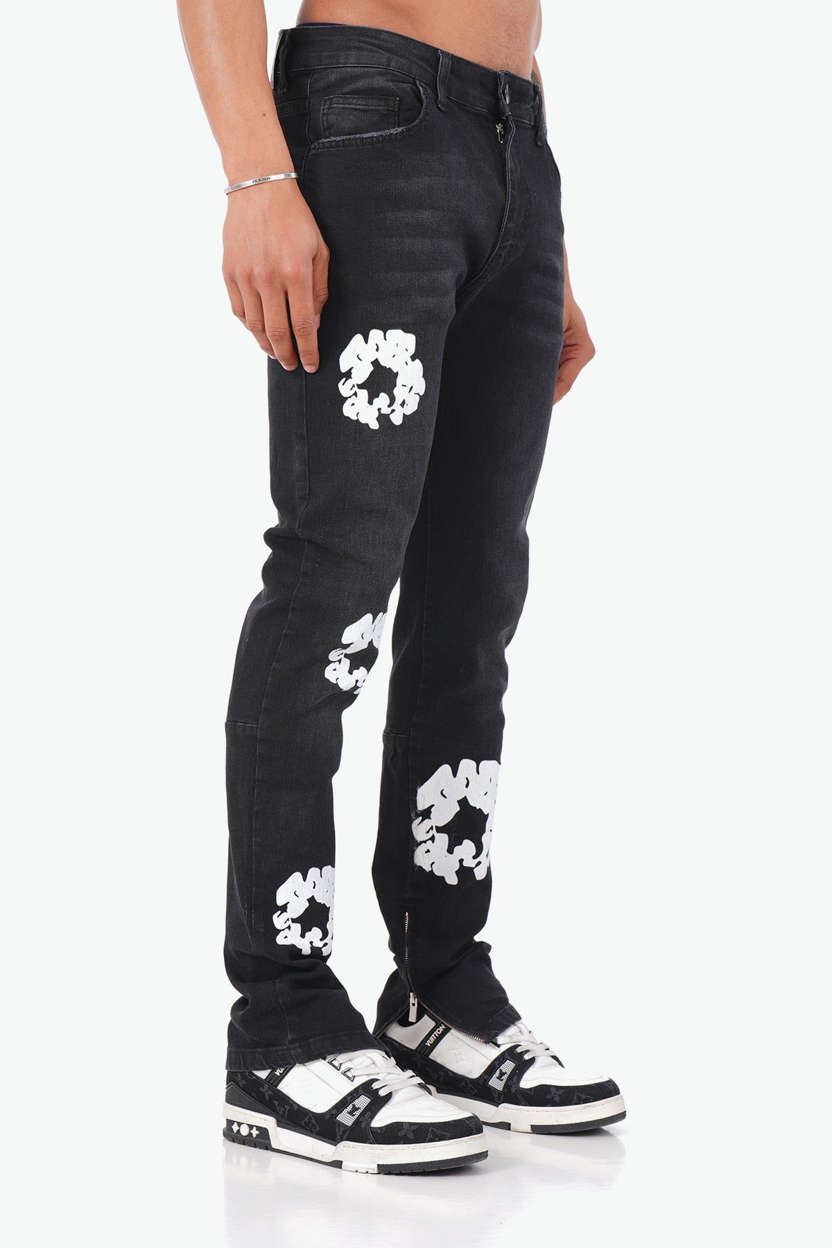 JEANS FLEURS - NOIR
