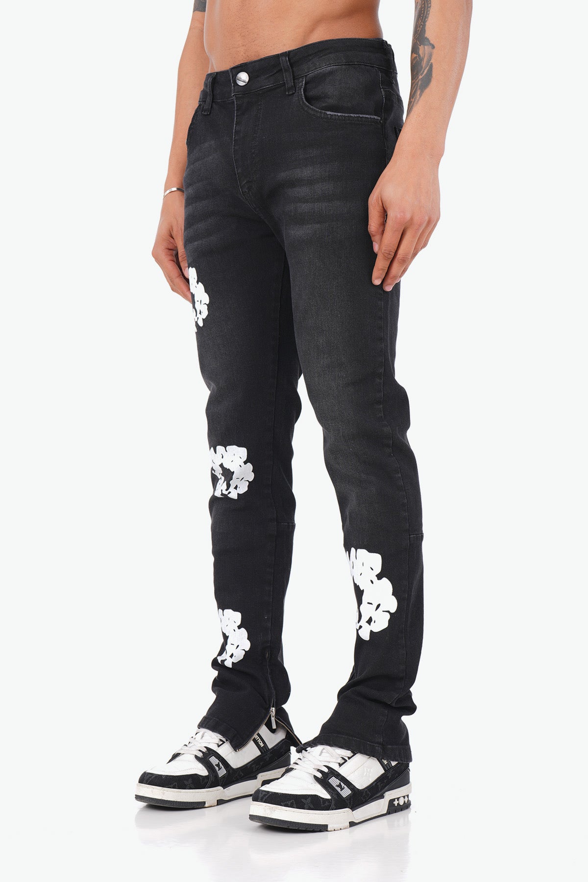 JEANS FLEURS - NOIR