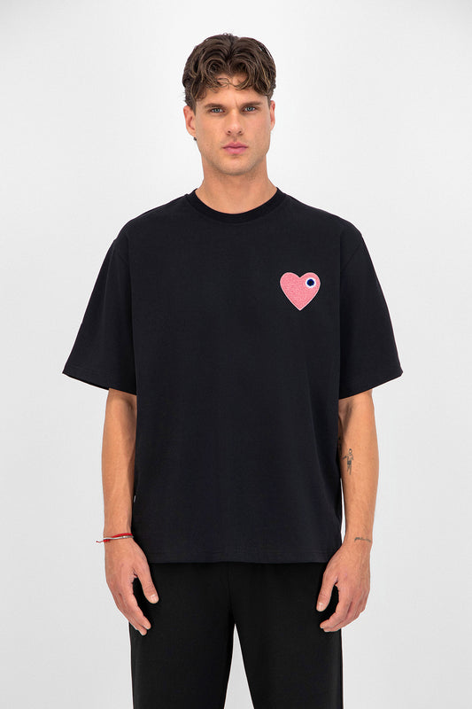 T-SHIRT NOIR - CŒUR ROSE