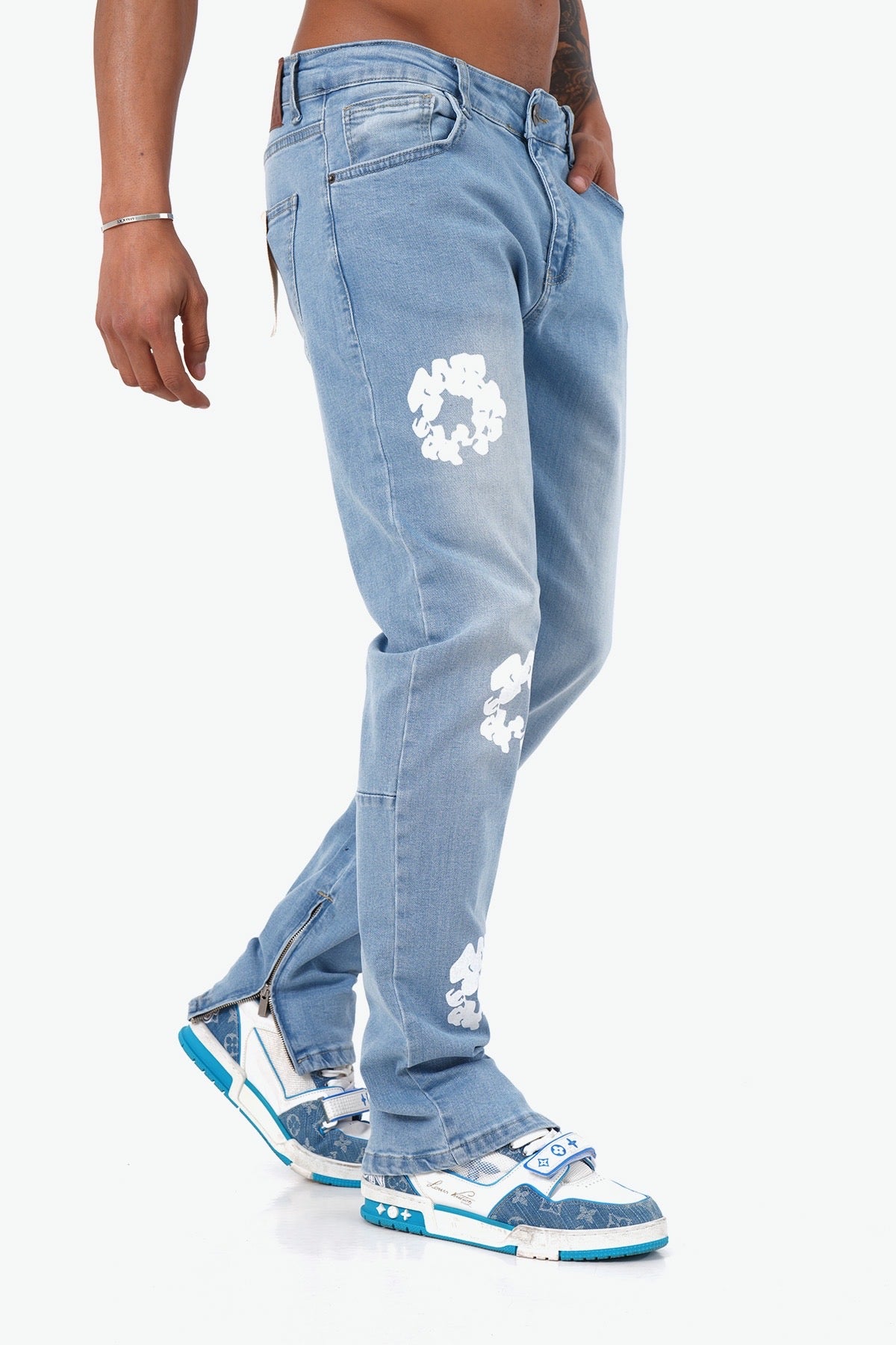 JEANS FLEURS - BLEU