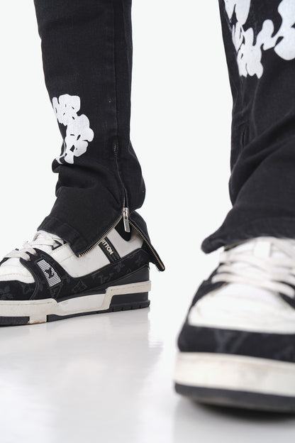 JEANS FLEURS - NOIR